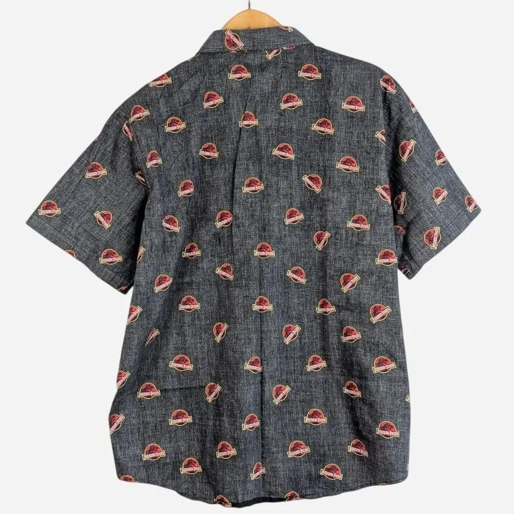 Jurassic Park All Over Logo Print Cotton Camp Shirt Gray XXL
